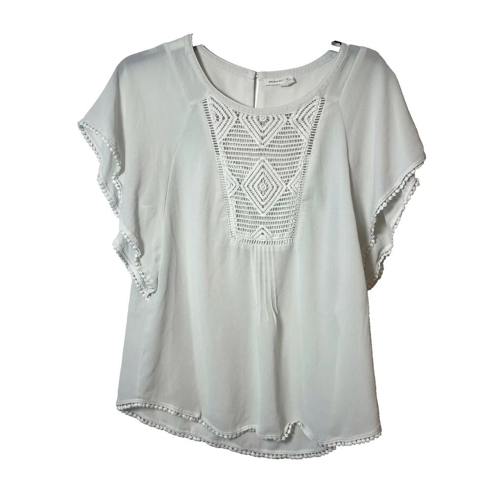Anthropologie Meadow Rue Anele Crochet Blouse S Gray Flutter Sleeve Keyhole Back